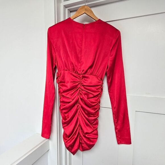 Pinko Zanzibar Satin Ruched Long Sleeve Party Cocktail Mini Dress in Red - Picture 9 of 14